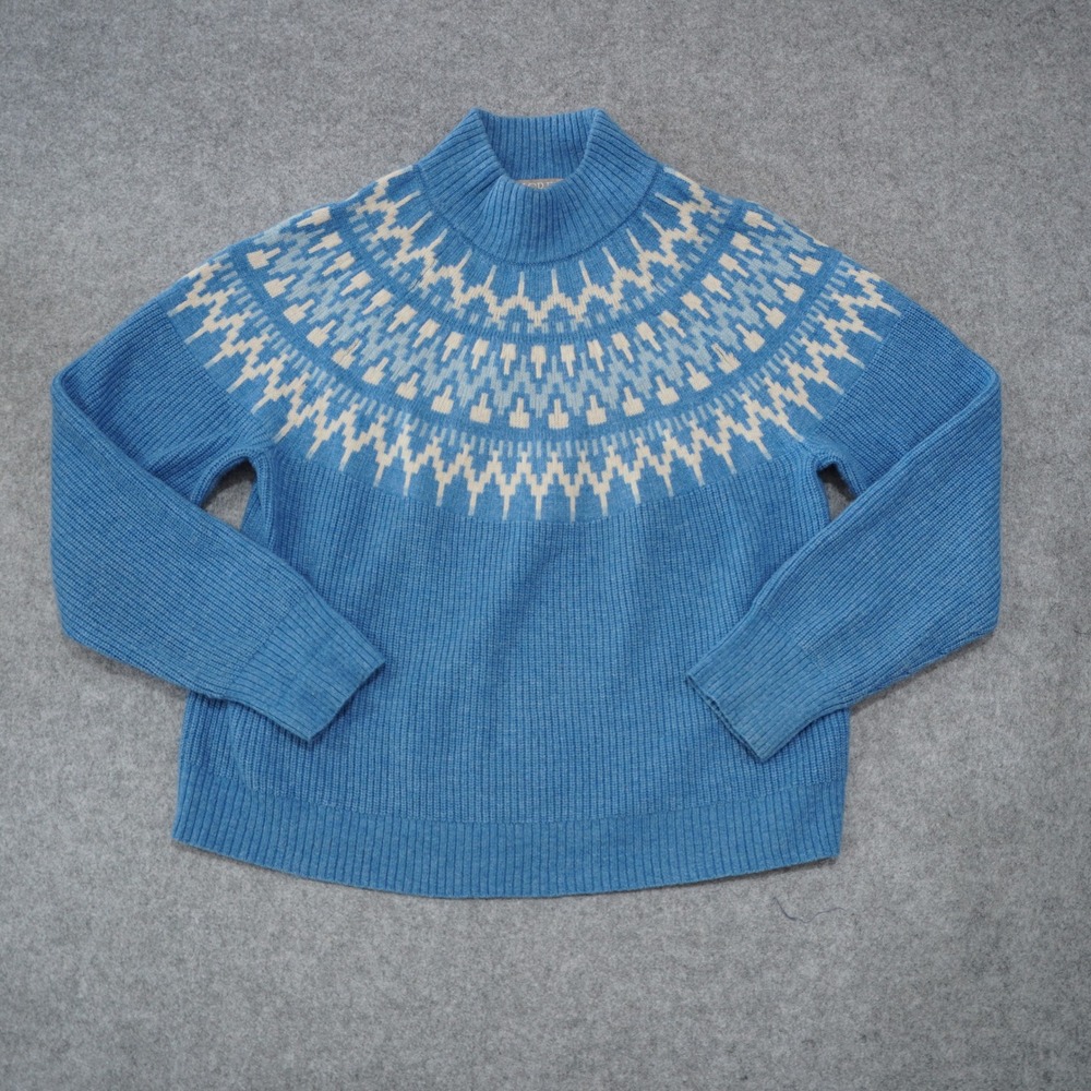 J. Crew Women's Size Medium Mock Neck Blue Fair Isle Sweater Cozy Fall Winter